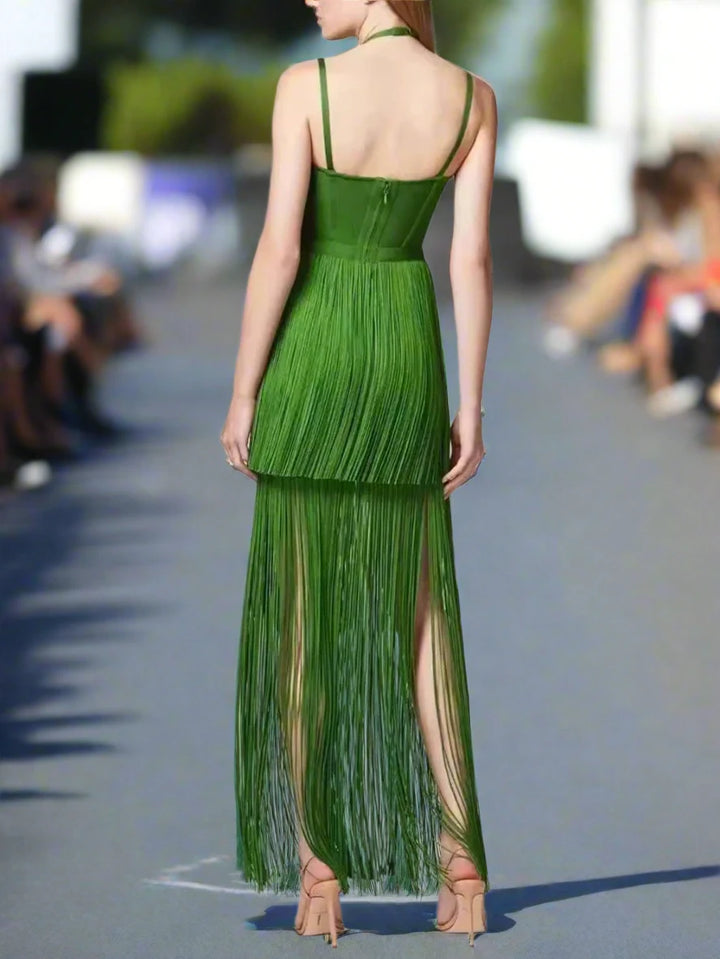 Emerald Cascade™ | Backless Tassel Dress