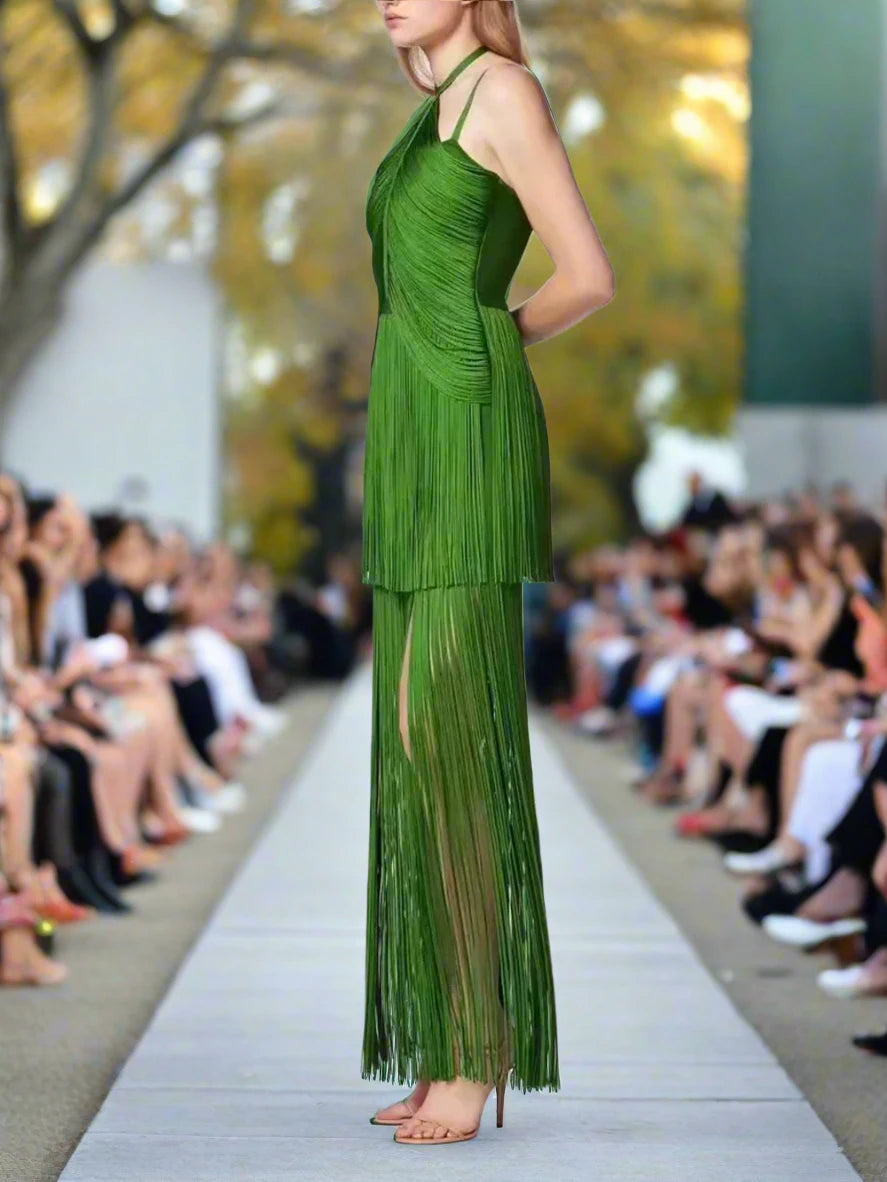 Emerald Cascade™ | Backless Tassel Dress