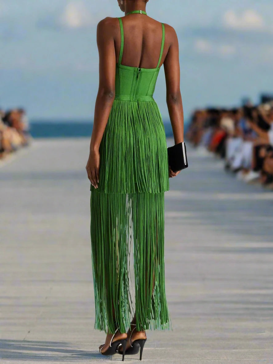 Emerald Cascade™ | Backless Tassel Dress