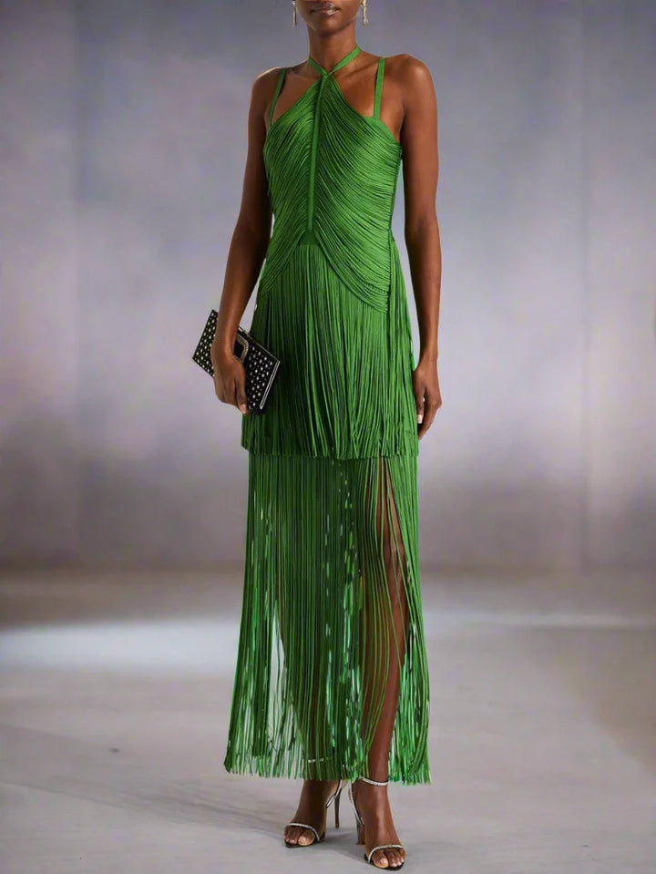 Emerald Cascade™ | Backless Tassel Dress